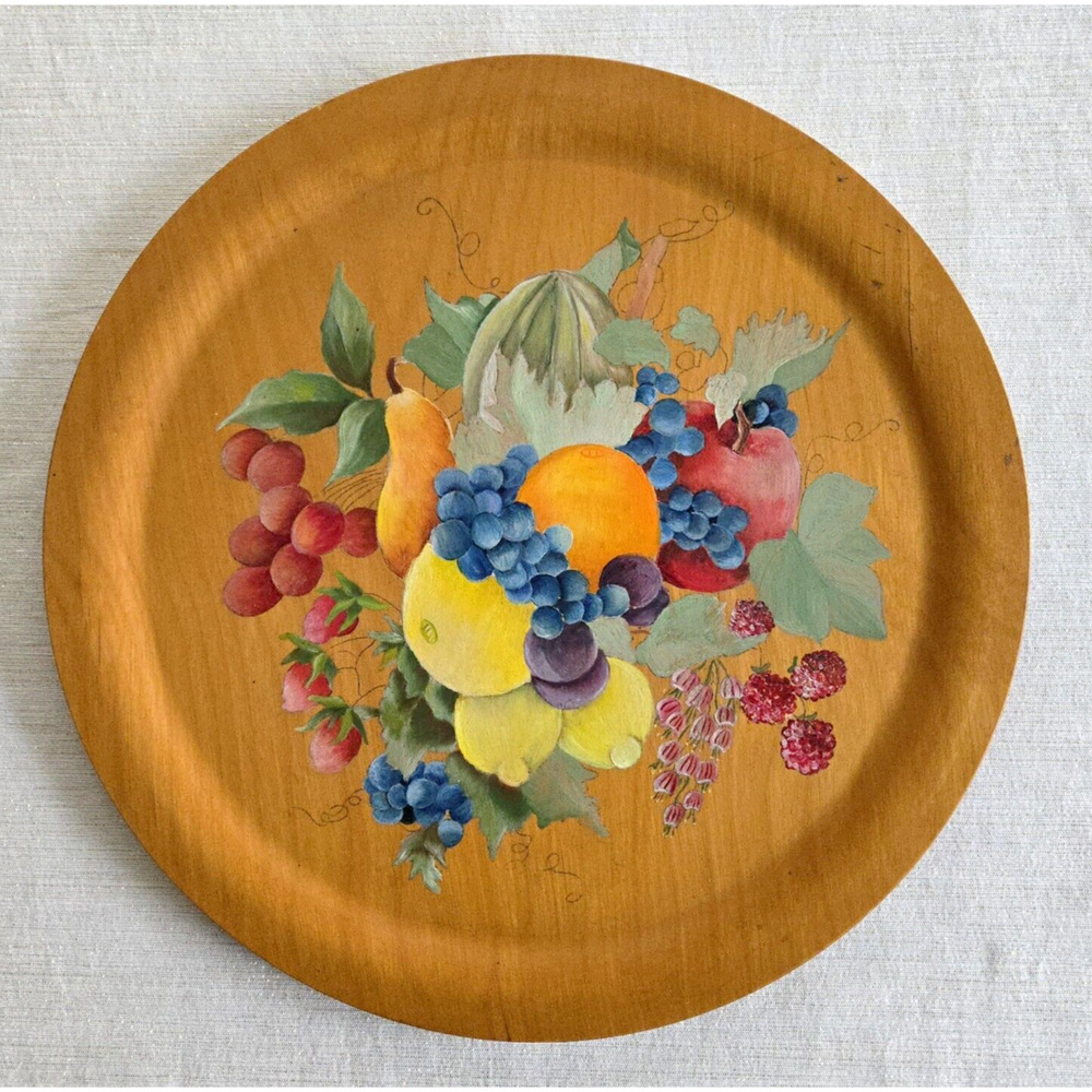 Vintage Wooden Plate Colorful Hand Painted Tray Retro Farmhouse Cottagecore 14"